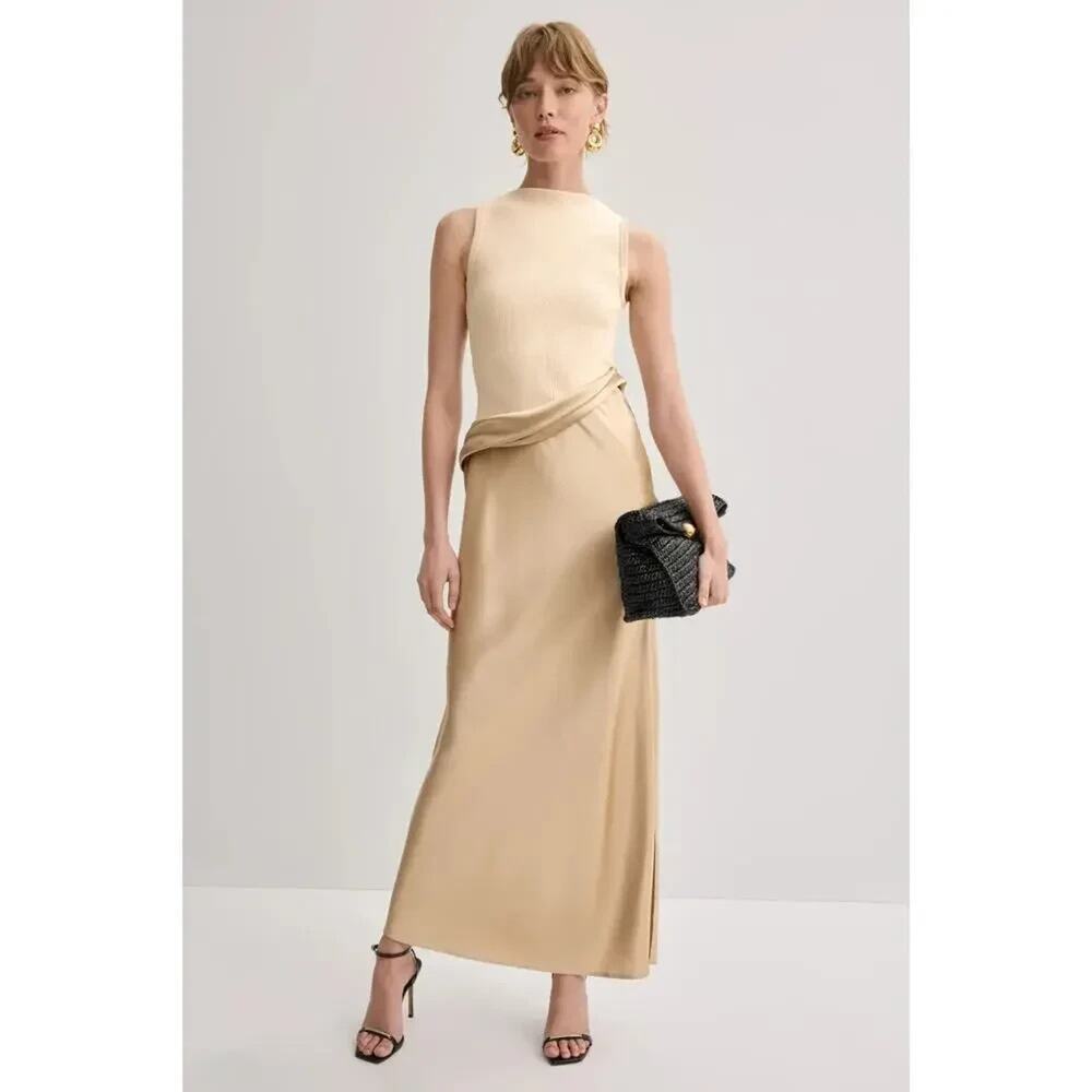 Nanushka Cobee Ribbed Jersey and Slip Satin Maxi Dress Ivory, Size S